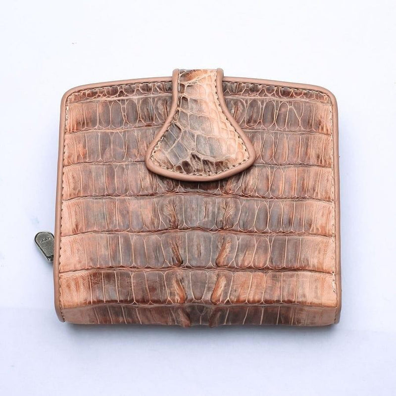 Front view of two-tone old rose genuine crocodile leather women's wallet with teardrop flap closure and side zipper