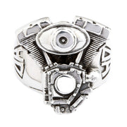 V-Twin motorcycle engine ring in 925 sterling silver showing detailed front view with cylinder fins and air cleaner
