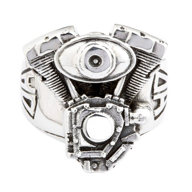 Anello motore moto V-Twin in argento sterling 925, vista frontale dettagliata con alette del cilindro e filtro dell'aria.