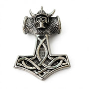 Viking skull Thor's hammer 925 sterling silver pendant front view showing Celtic knotwork and horned helmet skull