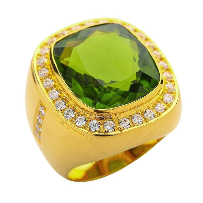 Large vivid olive-chartreuse peridot gemstone set in a heavy 14K gold ring surrounded by a diamond halo.