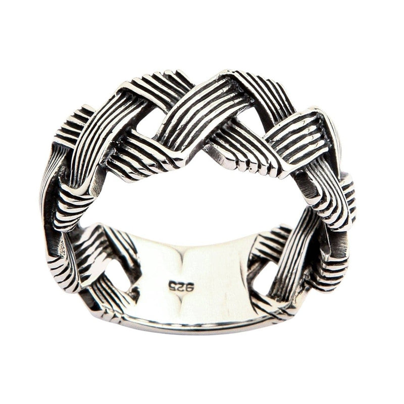 Anello in argento sterling a fascia con nodo a onda fatto a mano, vista frontale che mostra il complesso motivo intrecciato e il marchio 925