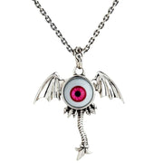 A front view of the sterling silver winged eyeball monster necklace with a red glass eye, shown on a chain.