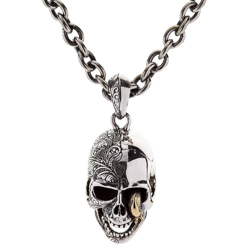 Front view of the complete worm skull necklace, showing the two-tone silver and brass pendant on a sturdy sterling silver chain.
