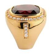 A 14k gold-plated sterling silver garnet ring for men, showcasing its luxurious and bold design.