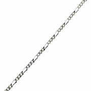 A sleek 2mm silver Figaro chain necklace laid flat, showing its classic 3+1 link pattern and brilliant polish.
