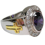 A side profile of the amethyst bishop ring, showing the gold-plated cross and ornate silver band.