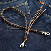 A thick, black braided leather wallet chain for bikers, handcrafted from genuine cowhide with silver lobster clasps.