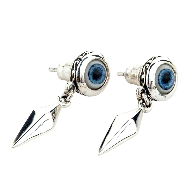 Sterling silver stud earrings featuring a detailed 8mm blue eyeball centerpiece with dangling curved fangs.
