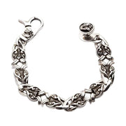 A full layout of the custom link silver biker bracelet with its knight lobster clasp.
