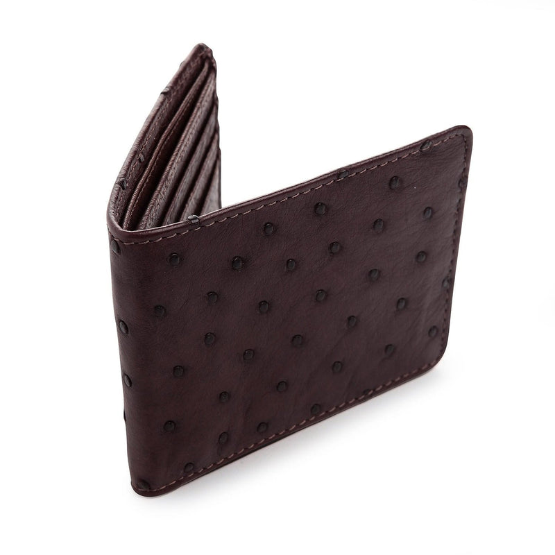 The beautiful exterior of a luxury dark brown ostrich skin wallet, showing its distinctive and unique quill marks.