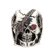 Front face view of the pirate skull ring with menacing red cubic zirconia eyes.