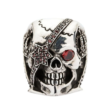 Front view of the pirate skull ring with menacing red cubic zirconia eyes.