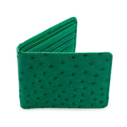 A vibrant green ostrich leather wallet shown partially open, displaying its unique quill marks and matching interior.