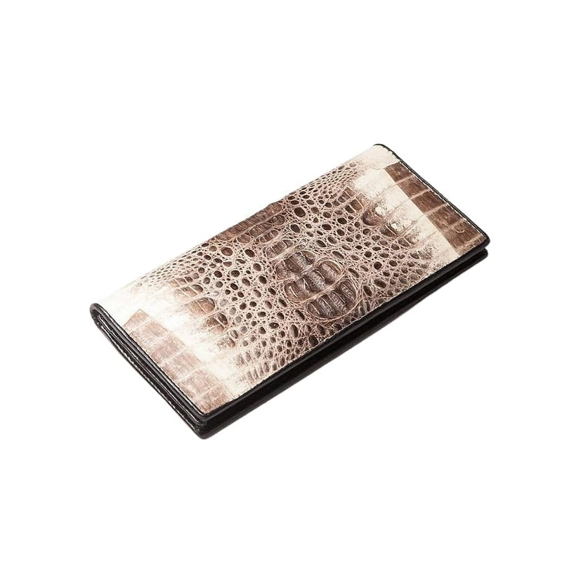 Angled view of grey crocodile leather long wallet showing two-tone scale texture