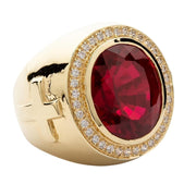 A man's huge ruby bishop ring with 14k yellow gold plating and ornate cross details on the side.