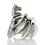 A front view of the massive sterling silver knight dragon ring, showing the detailed head and wings.
