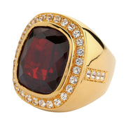 Side profile of the large gold garnet ring for men, detailing the sapphire accents on the shoulder of the band.