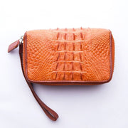 Front view of light brown genuine crocodile leather wallet showing tail skin texture