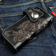 A classic long biker wallet with a powerful skulls and chains motif.