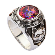 A solid sterling silver ring featuring a Japanese Maneki-Neko (lucky cat), a copper koi fish, and a large mystic topaz stone.