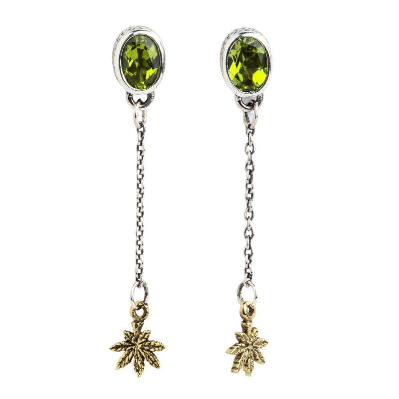 pendientes de botón de hoja de marihuana de peridoto verde