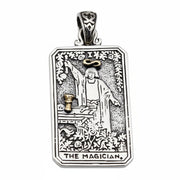A men's solid sterling silver pendant shaped like The Magician tarot card from the Rider-Waite deck.