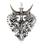 A men's solid sterling silver pendant featuring twin guardian dragons in a crest design with a central red garnet.