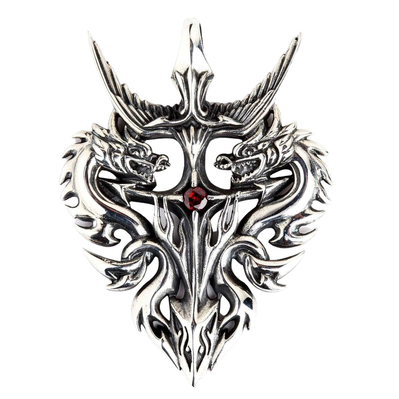 Un colgante de plata esterlina sólida para hombres con dragones guardianos gemelos en un diseño de cresta con un granate rojo central.