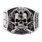 A men's solid sterling silver US Army Sniper ring featuring a detailed skull and snake emblem.