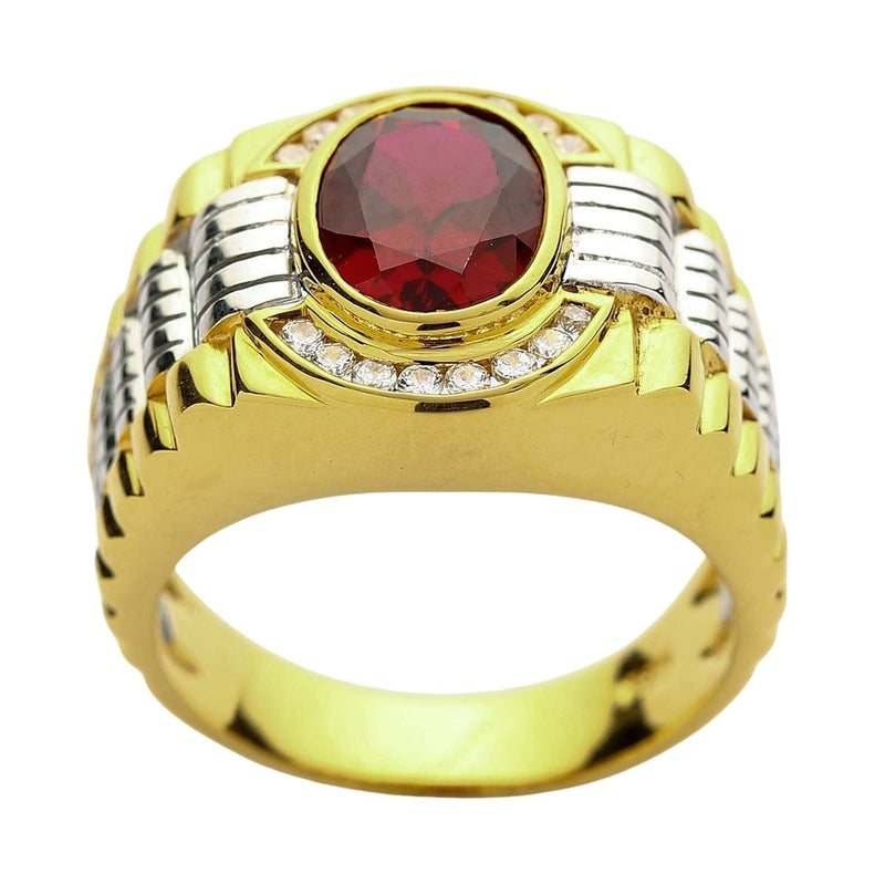 Una vista frontale del anello a due toni di granato per uomo con una pietra rossa.
