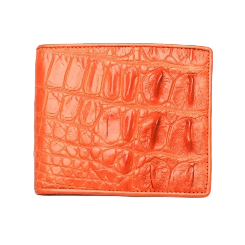 Förändan av mänskliga orange krokodilbifoldplånbok, som visar den distinkta och robusta texturen på det äkta ryggradshuden.