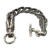 Men's sterling silver dragon bracelet with a dragon head and T-bar clasp shown open.