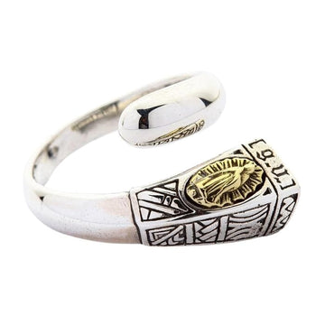 Anillo ajustable de plata esterlina y latón, artesanalmente elaborado en honor a Nuestra Señora de Guadalupe.