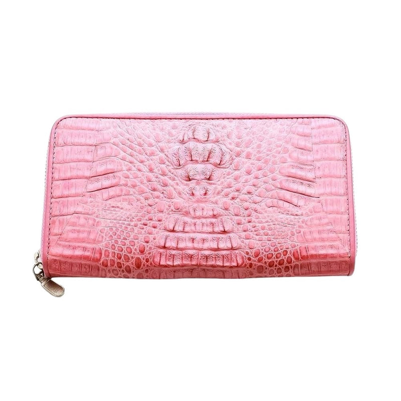 Eine rosa Damenbrieftasche aus Krokodilleder mit Rundum-Reißverschluss und echtem Hornback-Leder.