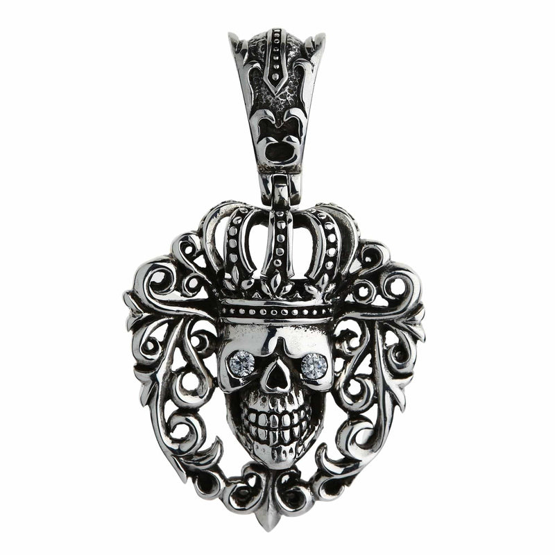 Sterling Silver Diamond Eyes Queen Crown Skull Pendant