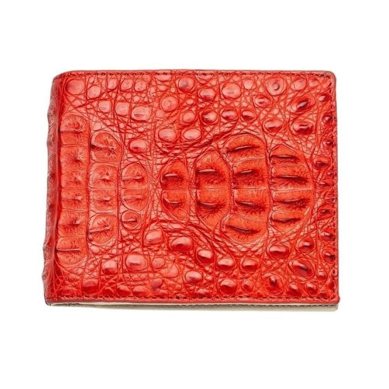 L'extérieur du portefeuille en crocodile véritable rouge, montrant la texture distincte des écailles de corne.