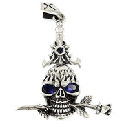 Blue Eyes Skull and Rose Sterling Silver Biker Pendant