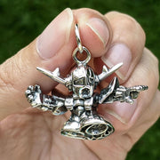 A solid sterling silver SD Mazinger Z pendant in a cute Chibi style, being held in a hand to show its scale and detail.