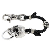 Sterling Silver Skull Leather Braided Biker Keychain Wallet Holder