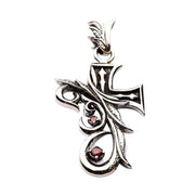 Front view of the sterling silver cross pendant with vibrant red cubic zirconia accents.