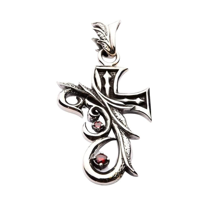 Front view of the sterling silver cross pendant with vibrant red cubic zirconia accents.