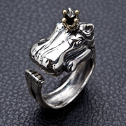 A front view of the sterling silver crowned hippopotamus ring with 14k gold accents.