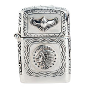 A front view of the sterling silver Indian Head Nickel Zippo case, showing the Liberty chief and soaring eagle engravings.