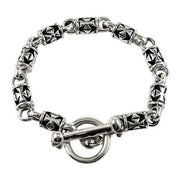Sterling silver men's biker chain bracelet featuring a classic cross design and polished finish.
