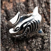 A front view of the sterling silver shark wrap ring, showing the detailed head and tail fin.