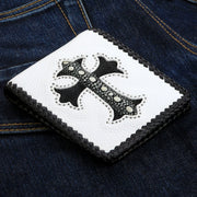 A white leather biker wallet with a black braided edge and a large gothic cross inlay made from genuine stingray leather.