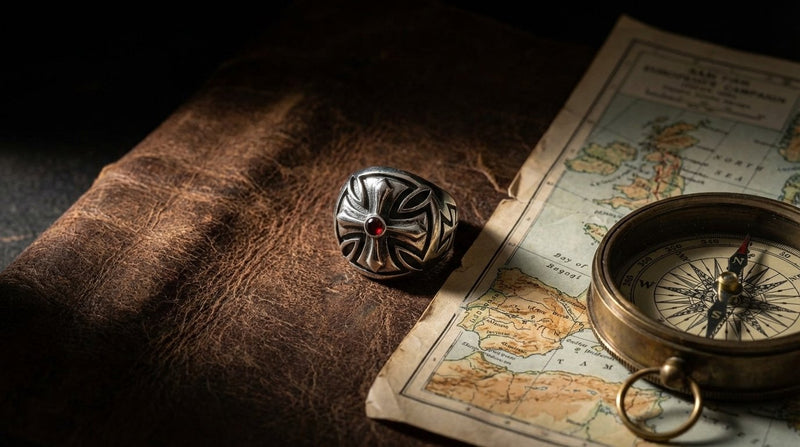 Sterling silver iron cross ring with garnet on weathered leather beside vintage military maps