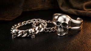 Bracelet Manchette Homme Argent 925 - Têtes De Crâne Détaillées - Florence
