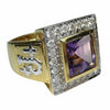 Angled view of the 14k gold-plated amethyst bishop ring showing the ring's high profile.